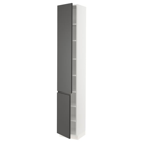 SEKTION kitchen cabinet, dark grey, modern, tall, white and grey, sleek design.