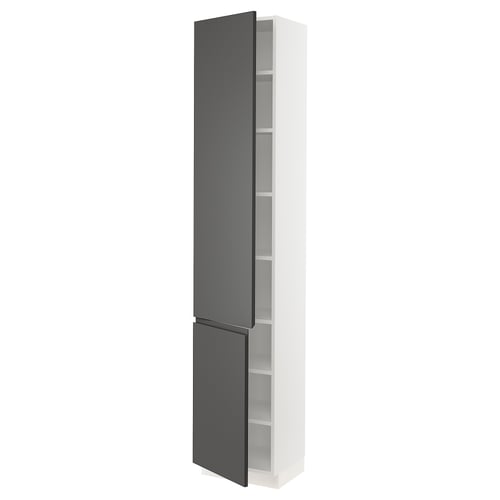 A tall white SEKTION kitchen cabinet with grey matt dark grey doors and adjustable shelves.