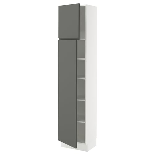 Is of a white SEKTION tall pantry cabinet with dark grey drawers and a modern design. It integrated handles and adjustable shelving.