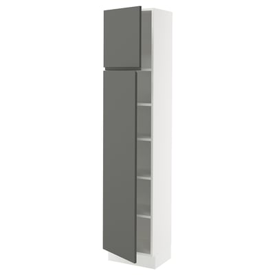 Is of a white SEKTION tall pantry cabinet with dark grey drawers and a modern design. It integrated handles and adjustable shelving.