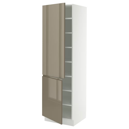Ikea SEKTION kitchen cabinet with high gloss dark grey-brown doors, white interior, and adjustable shelves.