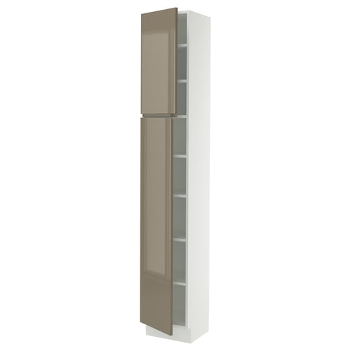 SEKTION kitchen cabinet in high gloss dark grey-brown with adjustable shelves and integrated handles.