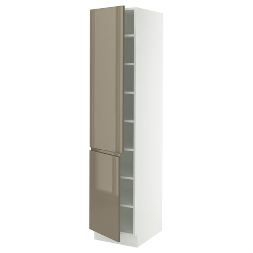 This image shows a tall, white cabinet with high-gloss beige doors featuring integrated handles, from the SEKTION kitchen system.