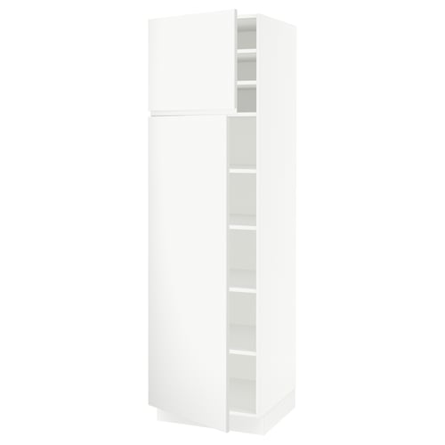 White modern tall kitchen cabinet with adjustable shelves and soft-close door.