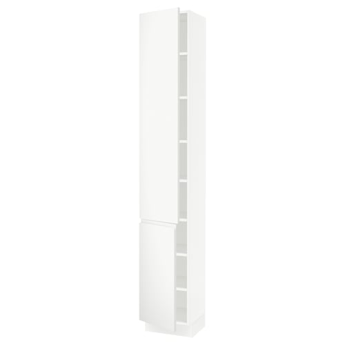A SEKTION tall white cabinet from IKEA. It has a minimalist design with integrated handles and adjustable shelves.