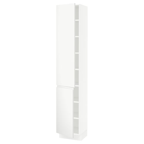 A SEKTION tall white kitchen cabinet with a sleek design and integrated handles.