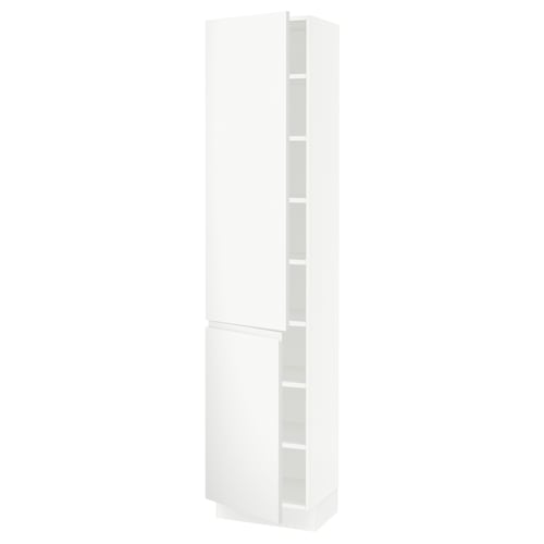 A white SEKTION tall kitchen cabinet with two doors and adjustable shelves. Its sleek and modern, made of particleboard and foil.