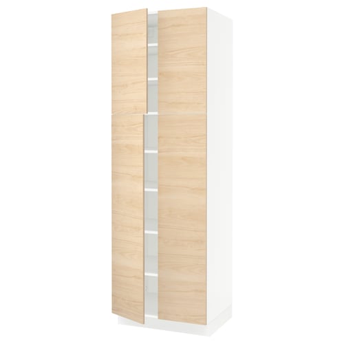 A SEKTION tall cabinet with light ash wood doors. Its white and rectangular, featuring adjustable shelves.