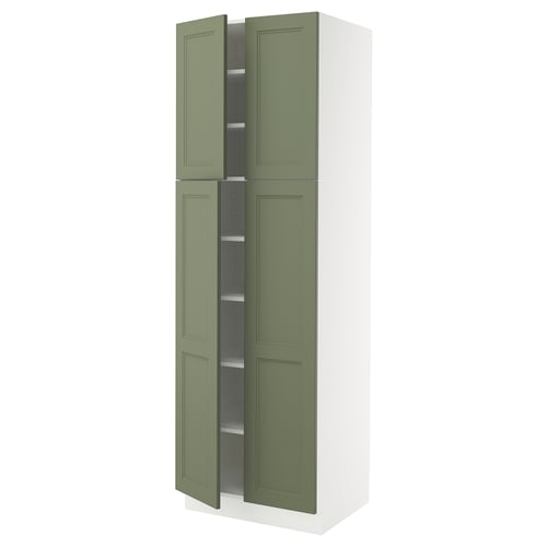 SEKTION kitchen unit, tall green cabinet with white frame and adjustable shelves.