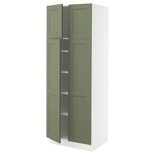 Ikea SEKTION kitchen cabinet, grey-green with white frame, four doors, adjustable shelves.