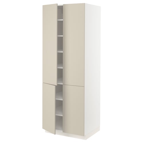 A tall, beige-colored kitchen cabinet from IKEAs SEKTION system, featuring multiple adjustable shelves and a quiet-closing door.