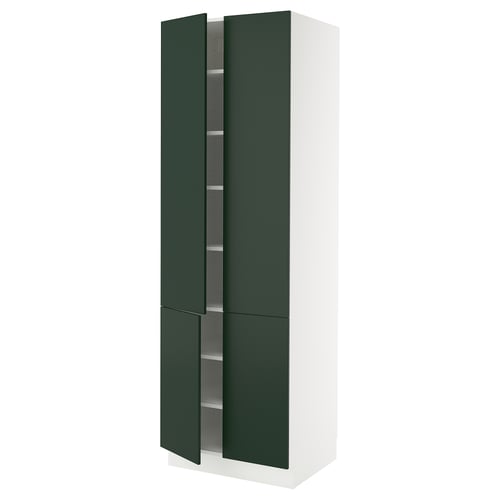 Vertically standing white cabinet with two tall green doors, snap-on hinges, adjustable shelves, and a sleek modern design.