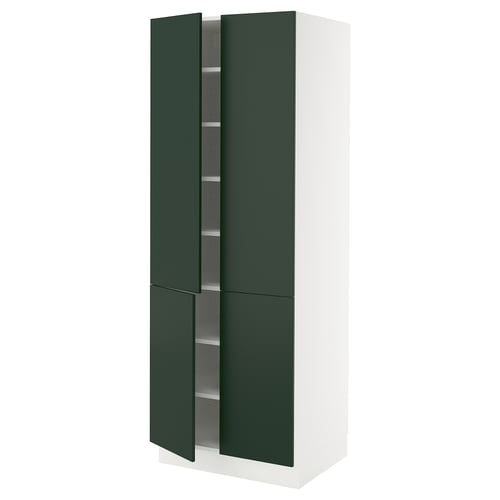 This image shows a tall, white SEKTION cabinet with dark green doors. It has a sleek, modern design with adjustable shelves behind the doors.