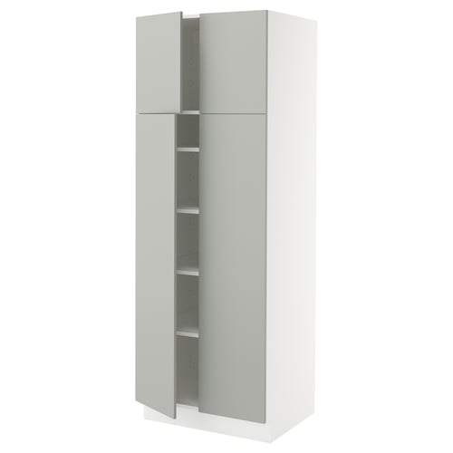 A SEKTION kitchen cabinet in light grey, featuring adjustable shelves and a sleek, modern design.