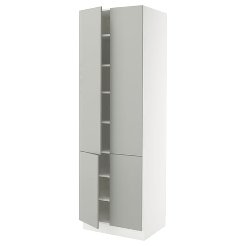 White tall kitchen cabinet, sleek modern design with light grey doors and adjustable shelves.