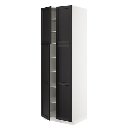 SEKTION tall white cabinet with black stained wood doors featuring bevelled edges.