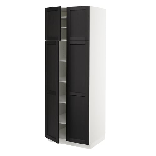SEKTION kitchen cabinet. Tall, white with black stained wooden doors. Four doors, adjustable shelves.