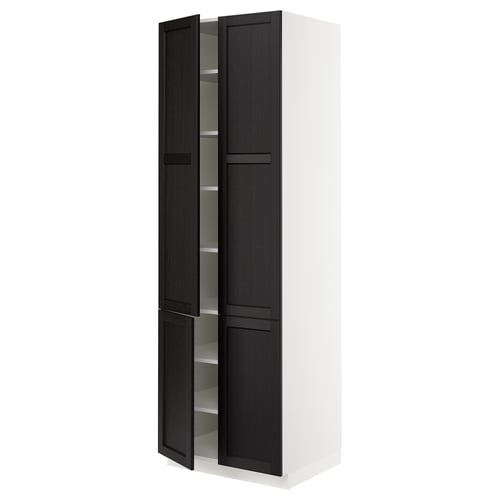 Black stained wood cabinet with four shelves, two doors, and bevelled edges.