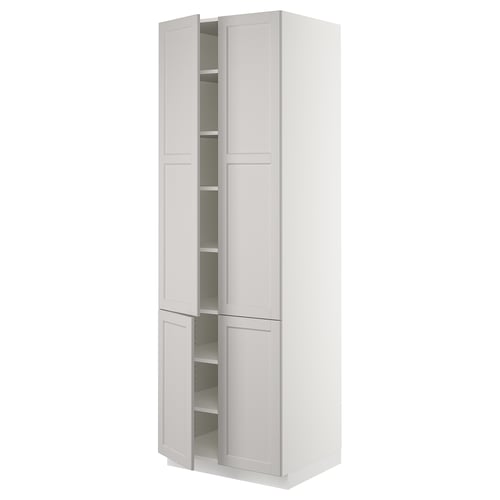 An ikea SEKTION tall kitchen cabinet in light grey with beveled doors, offering adjustable shelves.