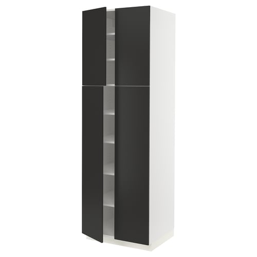 Modern tall cabinet, black and white, adjustable shelves, minimalist design.