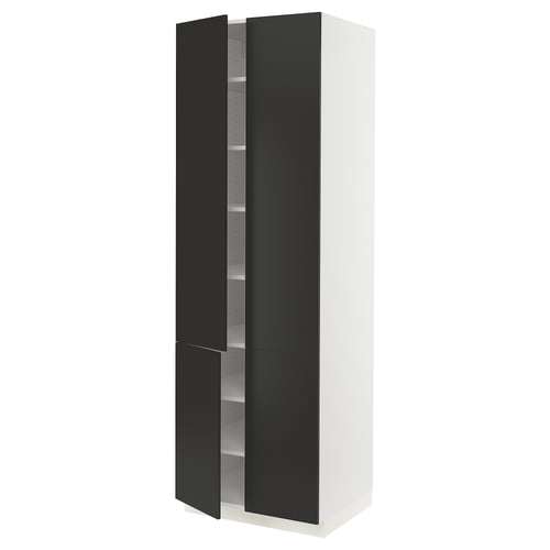 A tall, sleek kitchen cabinet with black doors and silver handles. The cabinet has an adjustable shelf inside and a modern design.