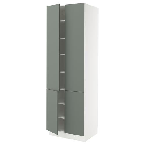 A tall, white SEKTION kitchen cabinet with grey-green doors. It 4 adjustable shelves and snap-on hinges for easy door removal.