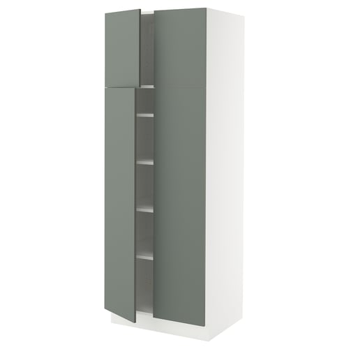 SEKTION tall kitchen cabinet with grey-green doors, white base, adjustable shelves, and modern design.