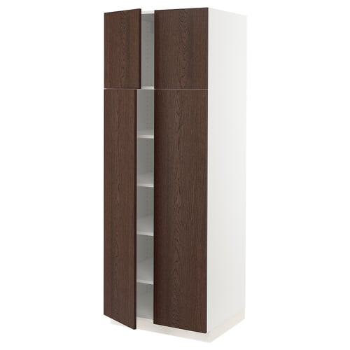 Ikea SEKTION kitchen unit, white & dark brown, wood grain, two open adjustable shelves, cabinet with dampened hinges.