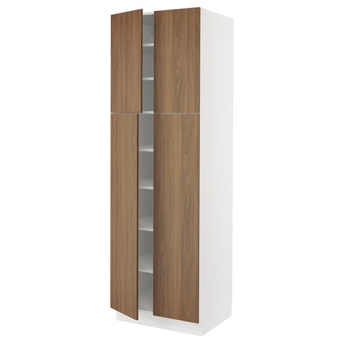 SEKTION tall kitchen cabinet, white with walnut doors, adjustable shelves, soft-close hinges.