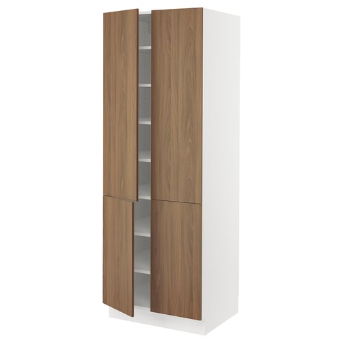 White and wood-toned cabinet with adjustable shelves.