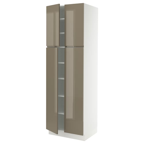 SEKTION kitchen cabinet, high gloss dark brown, sleek handles, tall, adjustable shelves.