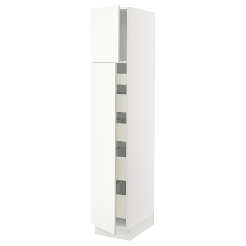 SEKTION white kitchen cabinet with vallstena fronts, tall rectangular shape, adjustable shelves, soft-closing hinges.