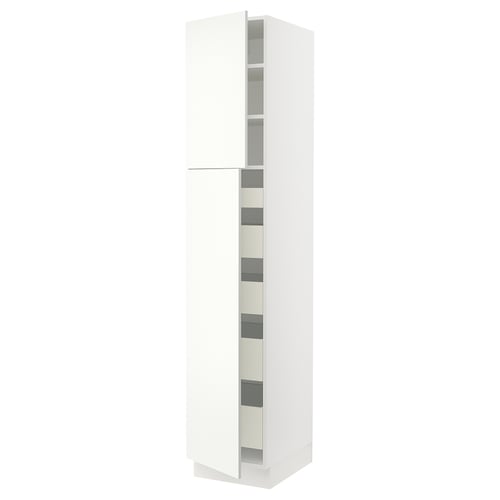 A white SEKTION kitchen cabinet. Its a tall, rectangular unit with a door and adjustable shelves. The cabinet a sleek, modern design.