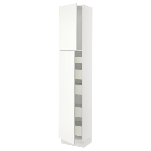 A tall white SEKTION kitchen cabinet with a sleek design and multiple storage shelves. It a smooth finish and modern look.