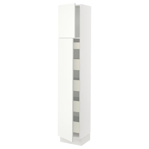 A white SEKTION kitchen cabinet with multiple shelves and a single door. The cabinet stands tall and a sleek, modern design with efficient storage.