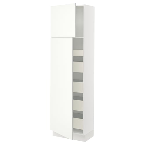 A white SEKTION kitchen cabinet with multiple shelves. Its sleek and modern with a smooth finish and several drawers.