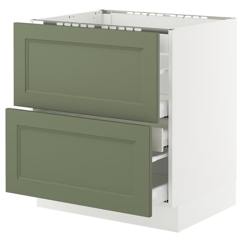 A SEKTION kitchen cabinet with two green axstad drawers. Its rectangular, modern, and made of fiberboard with plastic foil.