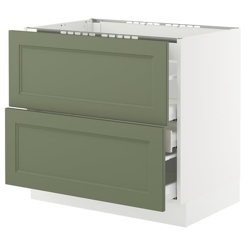Ikea SEKTION kitchen base with 2 green-gray drawers and white frame.