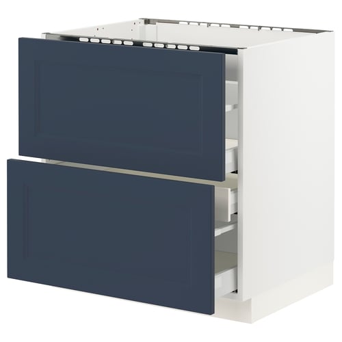 Modern blue kitchen cabinet with two drawers, sleek design, white frame, sturdy construction.