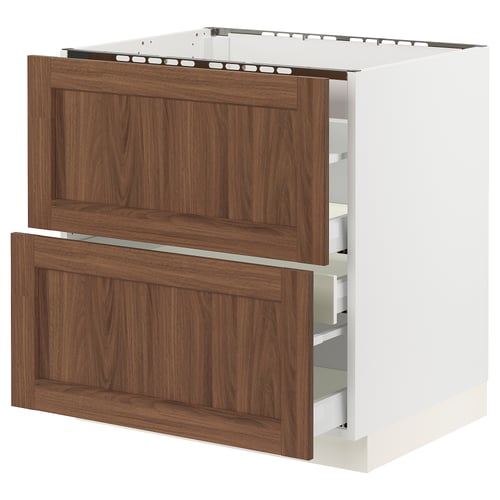An ikea SEKTION kitchen cabinet with walnut fronts. It has two drawers, a sturdy frame, and is designed for organizing kitchen tools or food items.