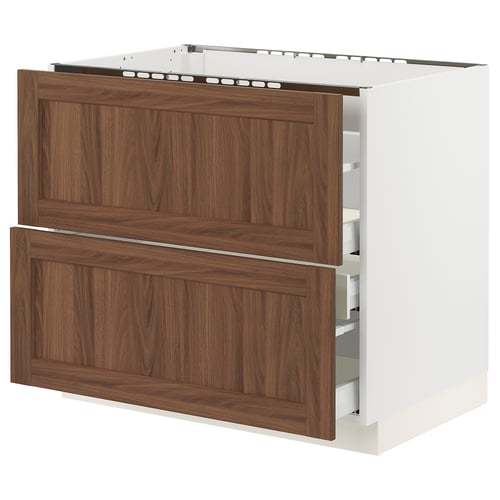 Ikea SEKTION kitchen cabinet in walnut wood, white base with two drawers, classic design.