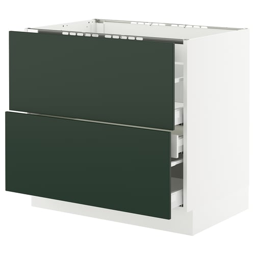 A modern kitchen cabinet system named SEKTION with dark green drawers. It has a sleek, rectangular design and uses durable materials.