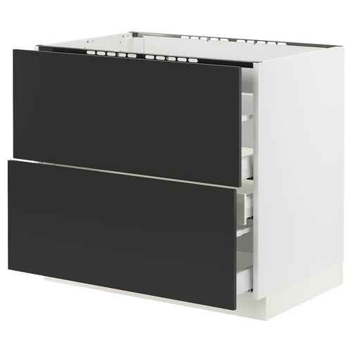 Modern black kitchen cabinet with two drawers, sleek design, sturdy construction.