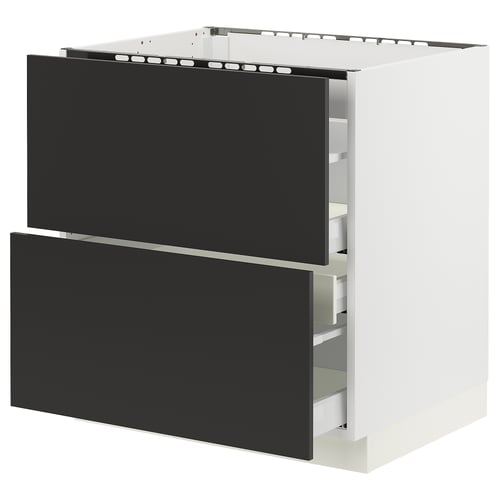 A SEKTION kitchen cabinet with two black drawers and white frame. Modern design, square shape.