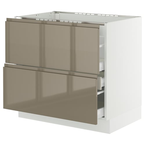 An ikea SEKTION kitchen cabinet in high gloss dark grey-brown with integrated handles and two drawers.