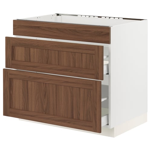 Walnut-brown ikea SEKTION kitchen cabinet with 3 drawers and soft-close drawers.