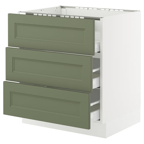 SEKTION kitchen unit, 3-drawer grey-green, olive front, white base, rectangular, modern design.