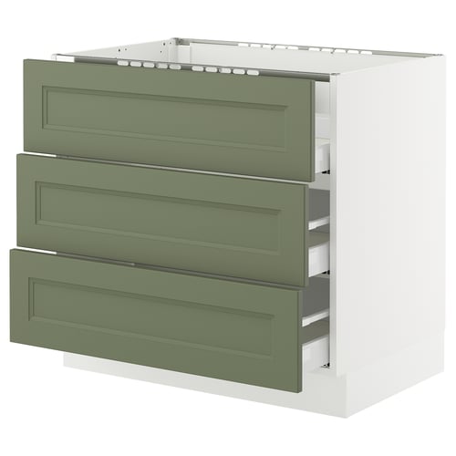 SEKTION kitchen unit with 3 green-gray drawers and white base.