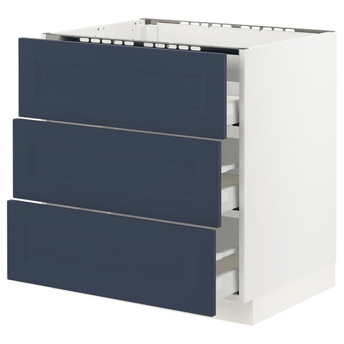 A blue SEKTION kitchen cabinet with three drawers, featuring a modern and sturdy design.