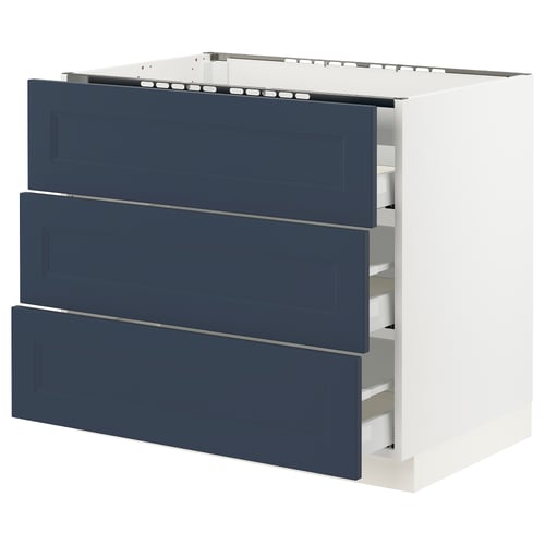 SEKTION: modern blue kitchen cabinet, three drawers, white frame, durable, soft-close drawers.